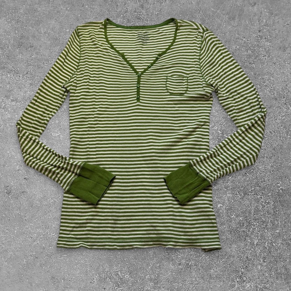 Vintage Faded Glory Green White Striped Henley Top Long Sleeve Organic Cotton L